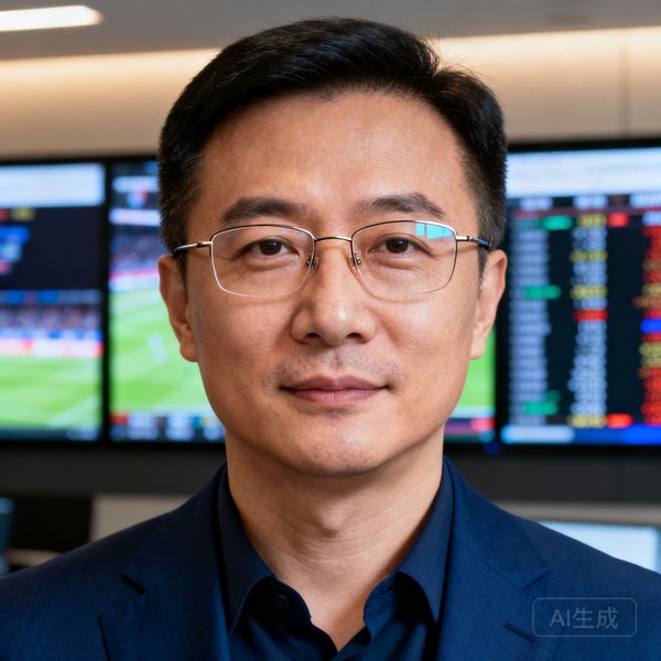开云体育创始人兼CEO张云龙，四十岁出头，戴着细框眼镜，穿着深蓝色西装，背景是赛事数据中心的大屏幕墙。